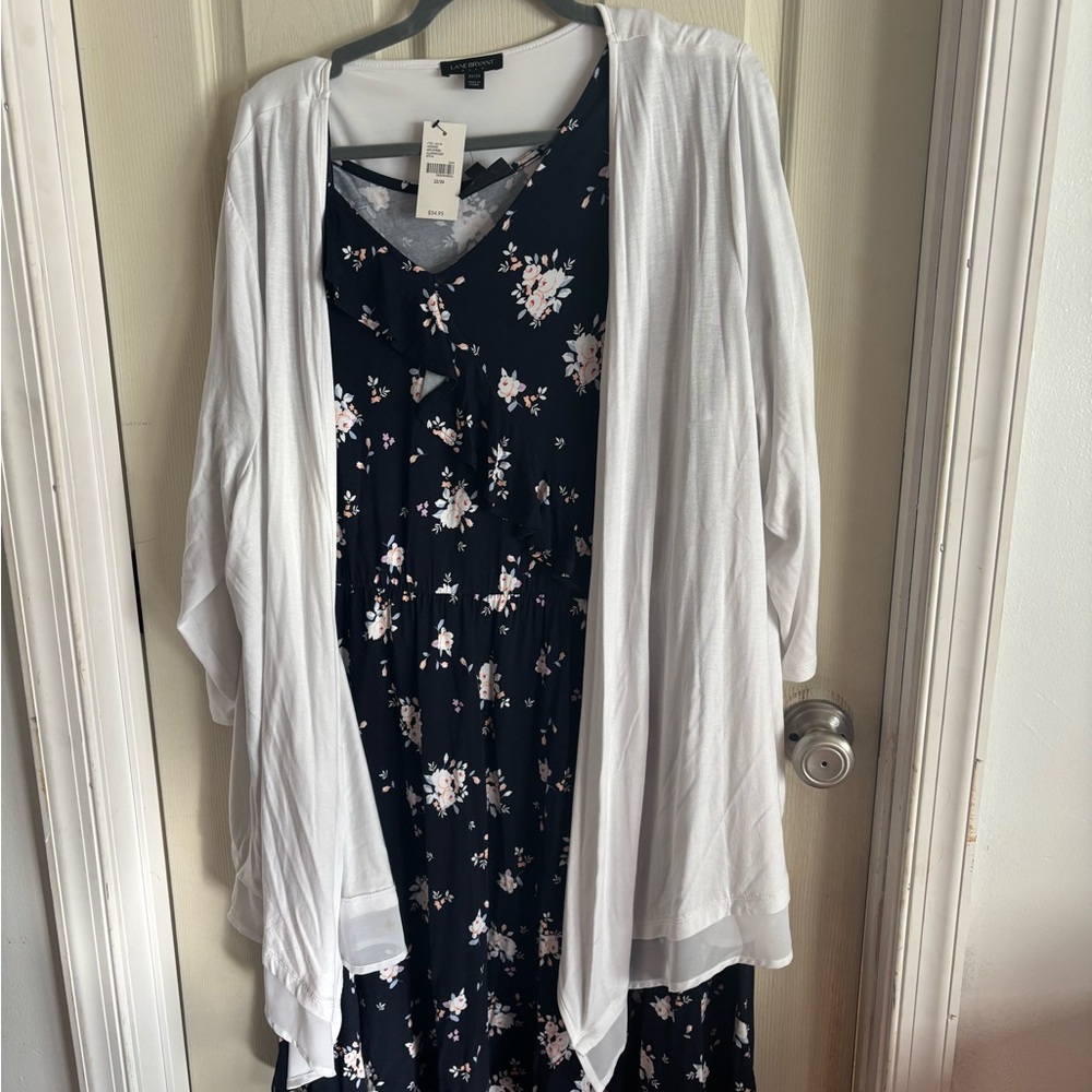 Lane Bryant Navy Floral Maxi Dress with White Cardigan